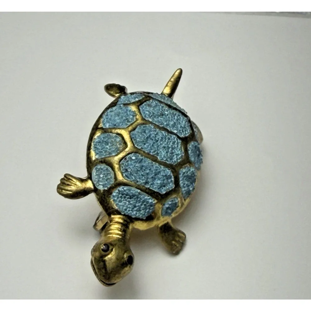 Vintage Turtle Pin Brooch Gold Tone Turquoise Blue Textured Shell Korea 1